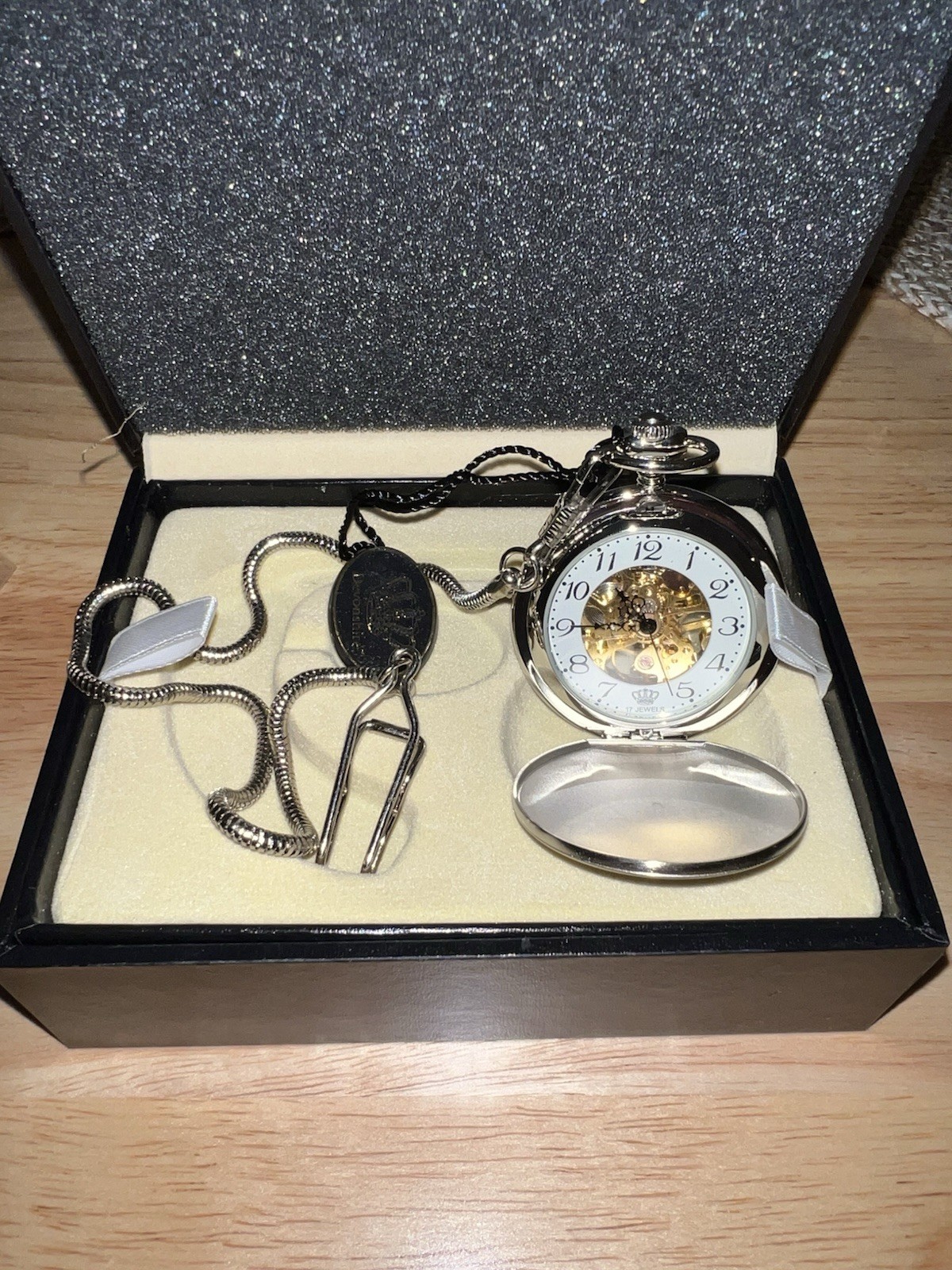 Devonshire 17 Jewel Mechanical Pocket Watch Skeleton Dial New in Box w/ Chain