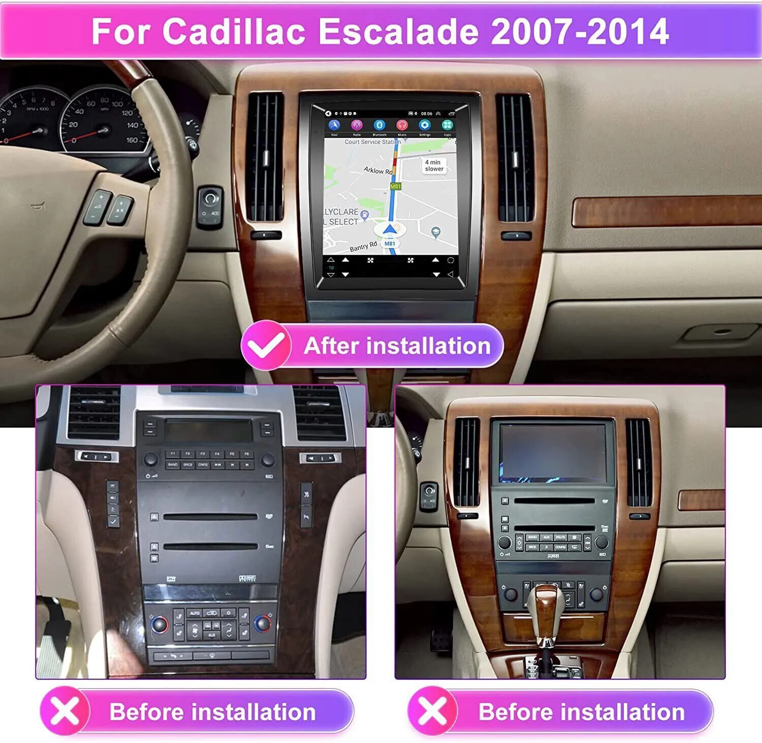 64G Android 14 CarPlay For Cadillac Escalade 2007-2014 Car Stereo Radio GPS Navi