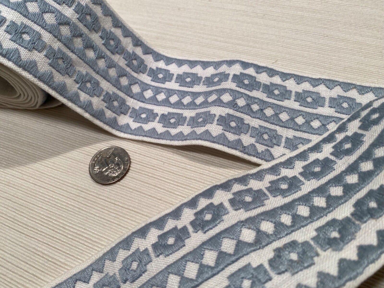 SCHUMACHER 79920 Talitha Tape Sky 85% Linen Embroidered Passementerie Trim BTY