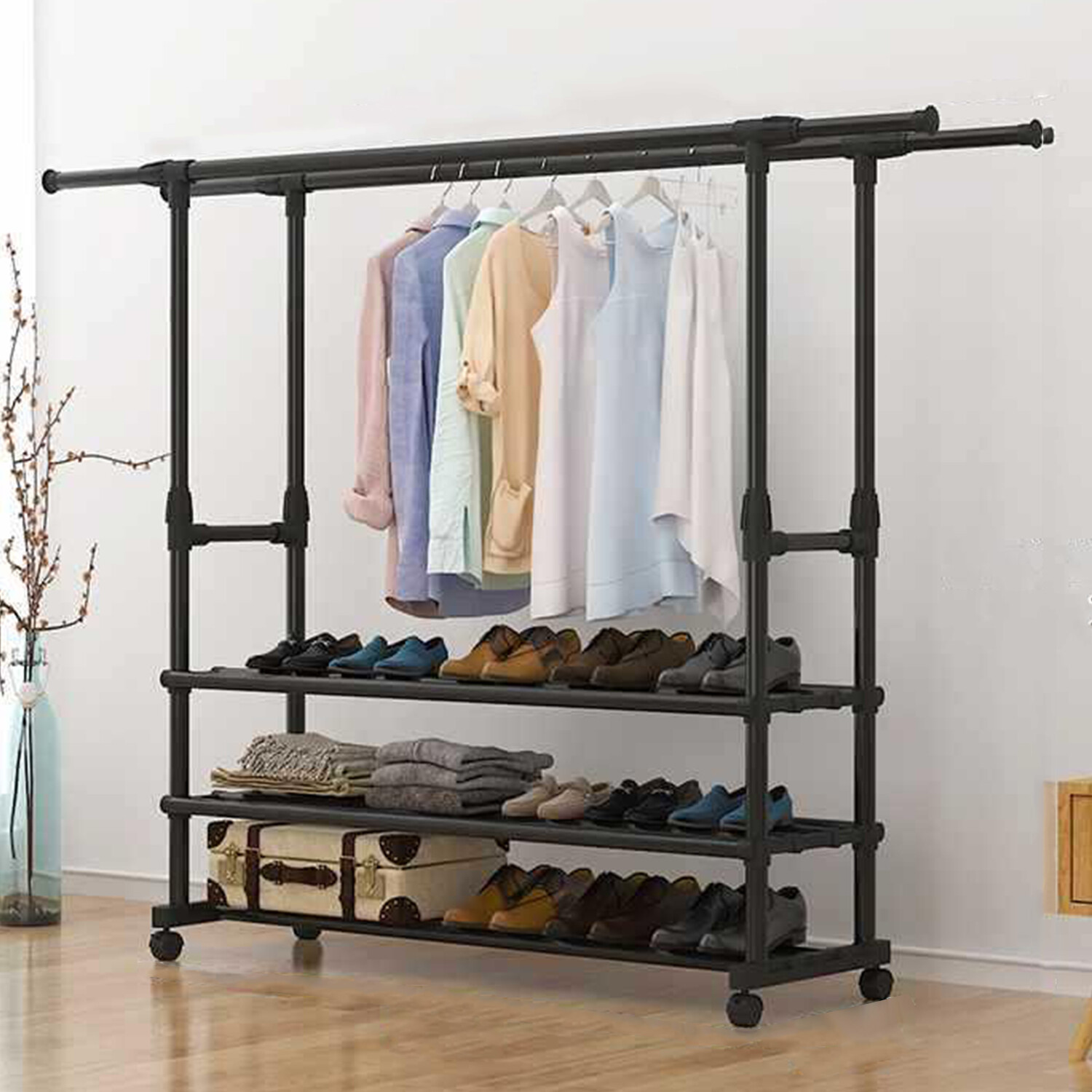 Heavy Duty Clothing Garment Rack Rolling Clothes Organizer Double Rails Hanging