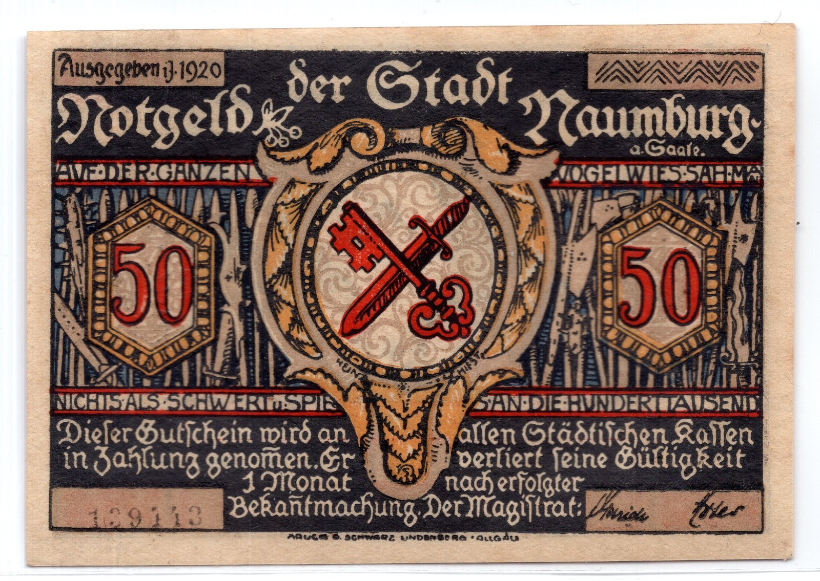 1920 Germany Naumburg Notgeld 50 Pfennig Note (3966)