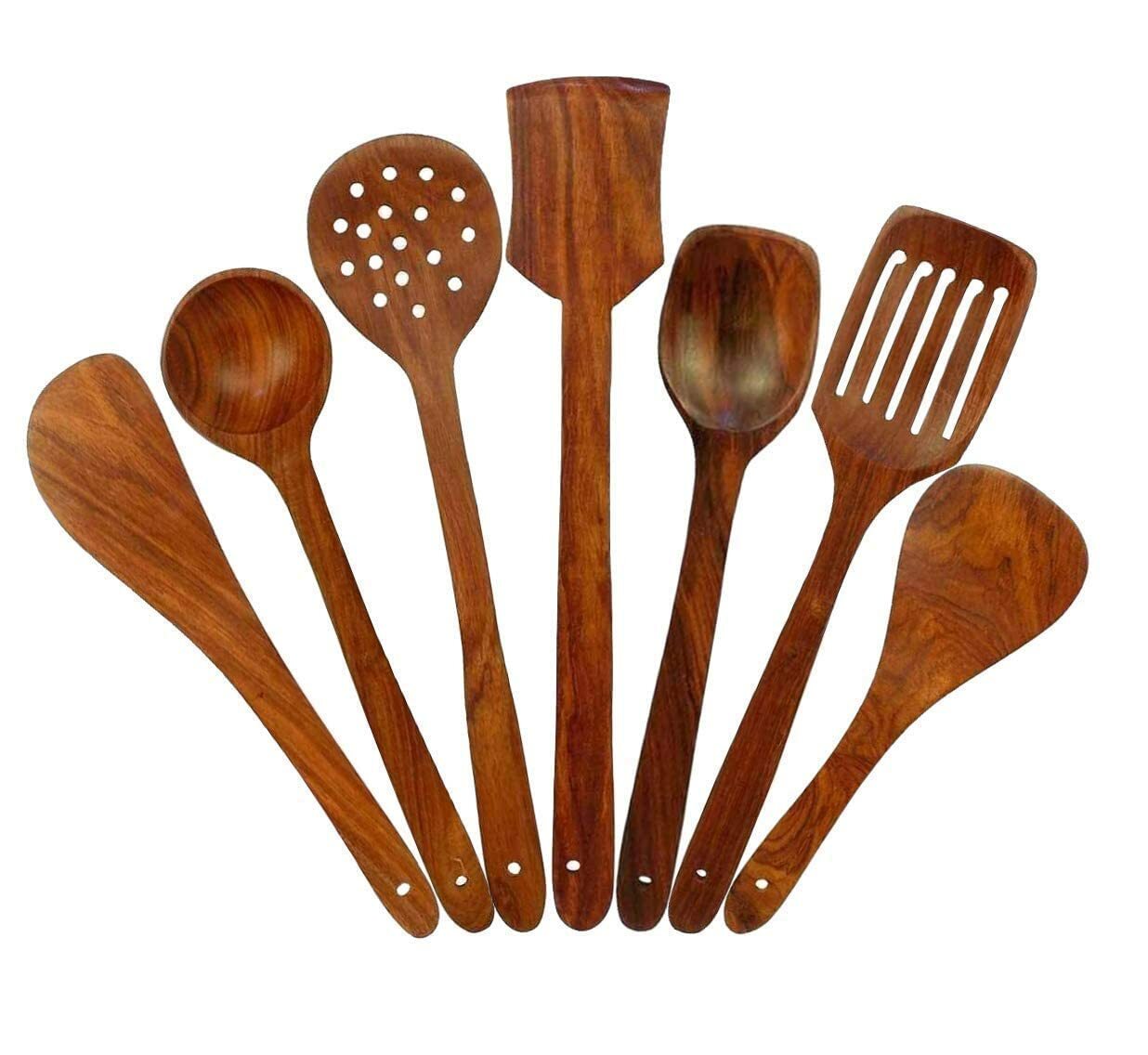 Handmade Wooden Serving and Cooking Spoons Brown Spoons Kitchen Utensil Set 7Pcs