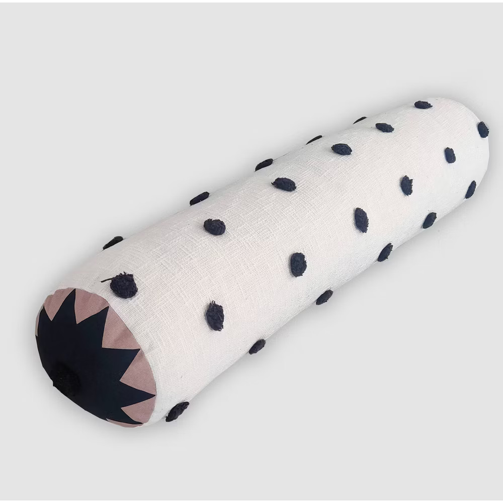 Opalhouse Jungalow Tufted Bolster Pillow Cotton 36x8, Off-White/Black Polka Dot