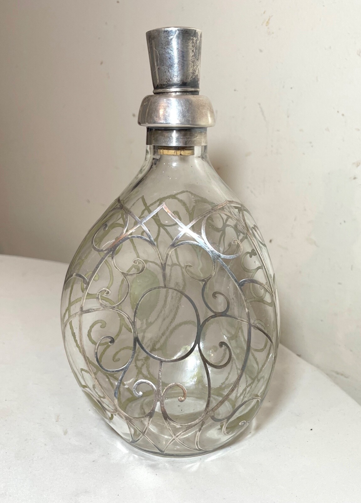 antique ornate sterling silver overlay glass liquor claret decanter bottle jar