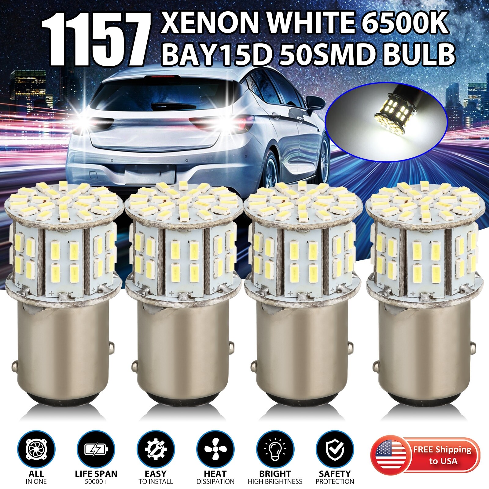 4x 1157 50-SMD LED Tail Brake Stop Reverse Parking Light Bulbs 6000K Super White