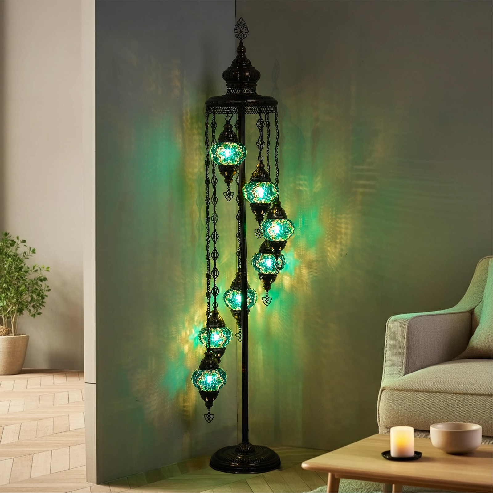 Turkish Mosaic Floor Lamp 7 Globes – 63” Tall Handmade Lamp with Bulbs Included