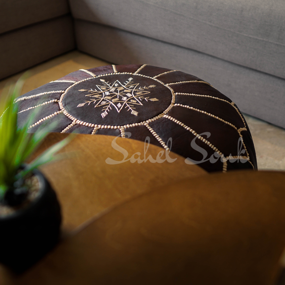 Moroccan Leather Pouf Unstuffed Moroccan Pouf Cover Boho Ottoman (Dark Brown)