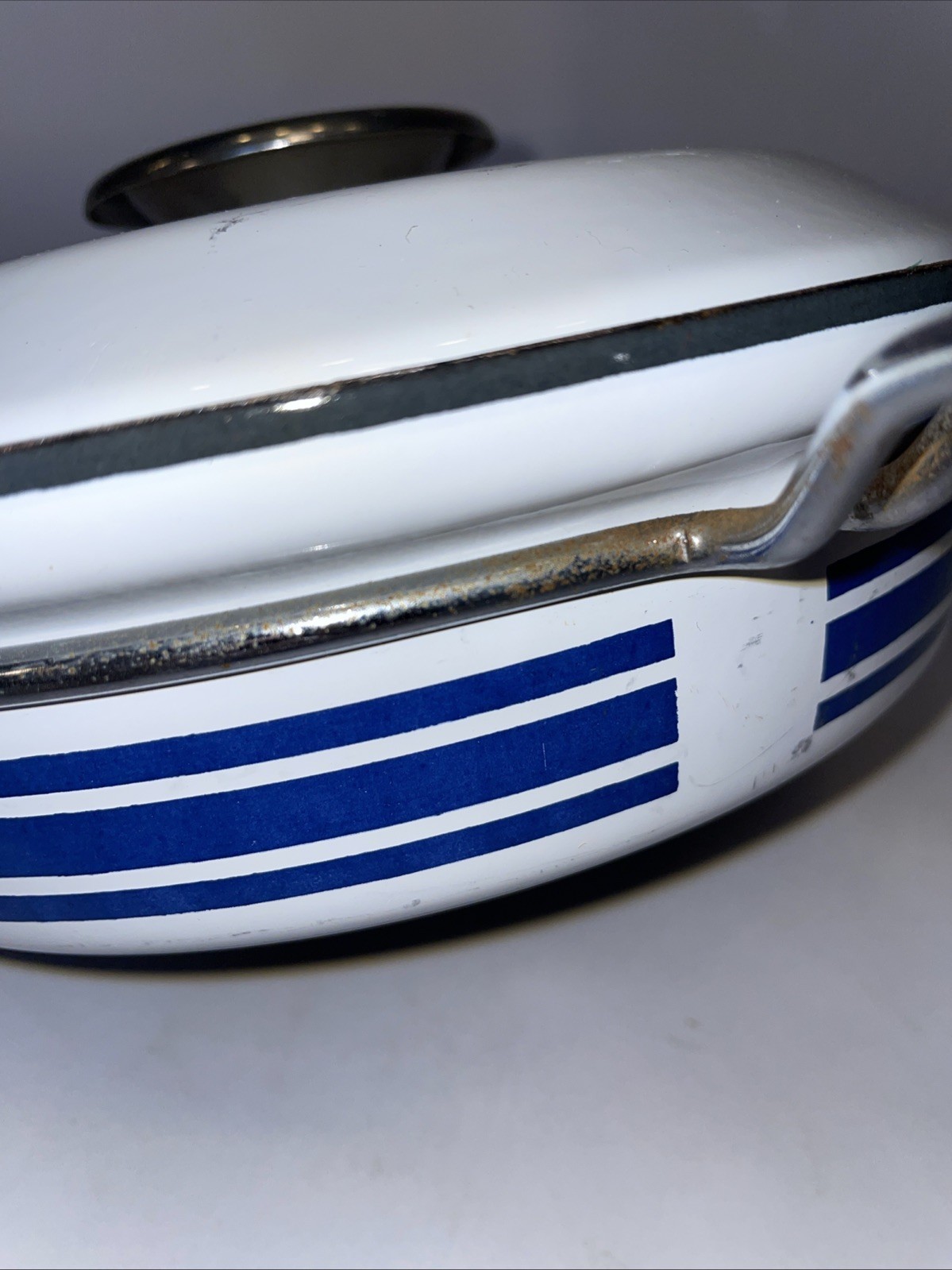 Cathrineholm Norway Blue Stripe White 8.5” Wide Enamel Frying Pan Skillet