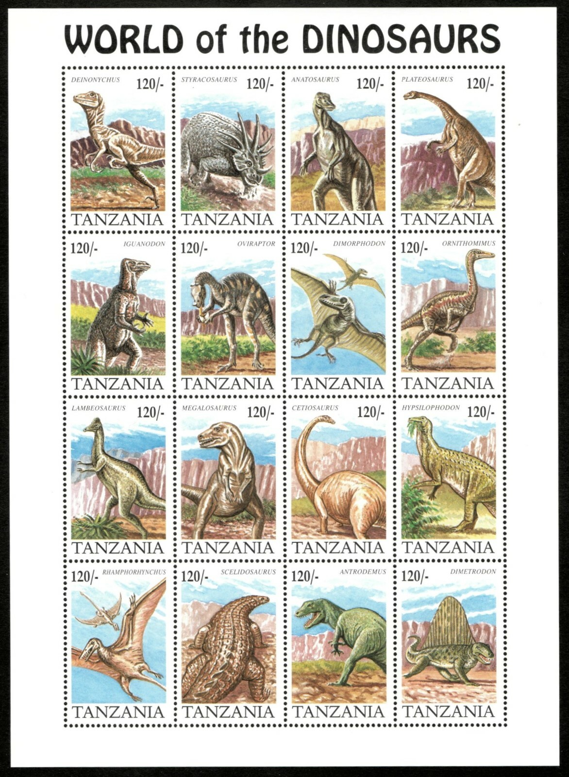 Tanzania 1995 - World of the Dinosaurs - Sheet of 16 stamps - Scott #1251 - MNH