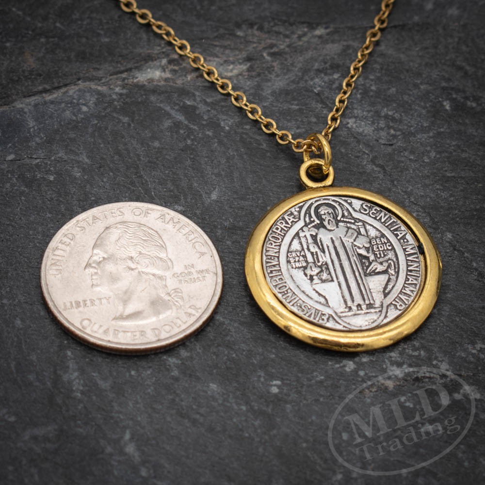 Saint St Benedict Medal Pendant Necklace – Gold Tone Border – 18”+2” Link Chain