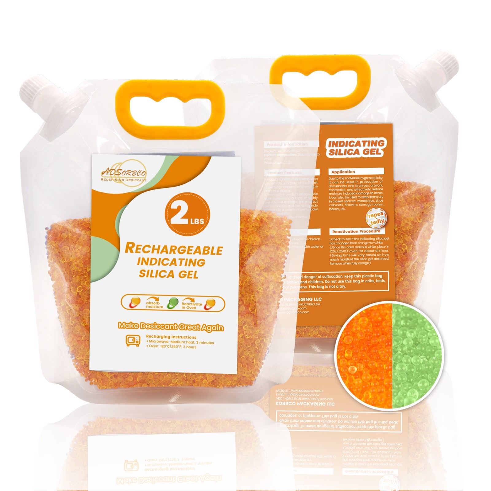 2 LBS Adsorbco Desiccant Beads, Indicating Silica Gel Beads (Orange to Green）