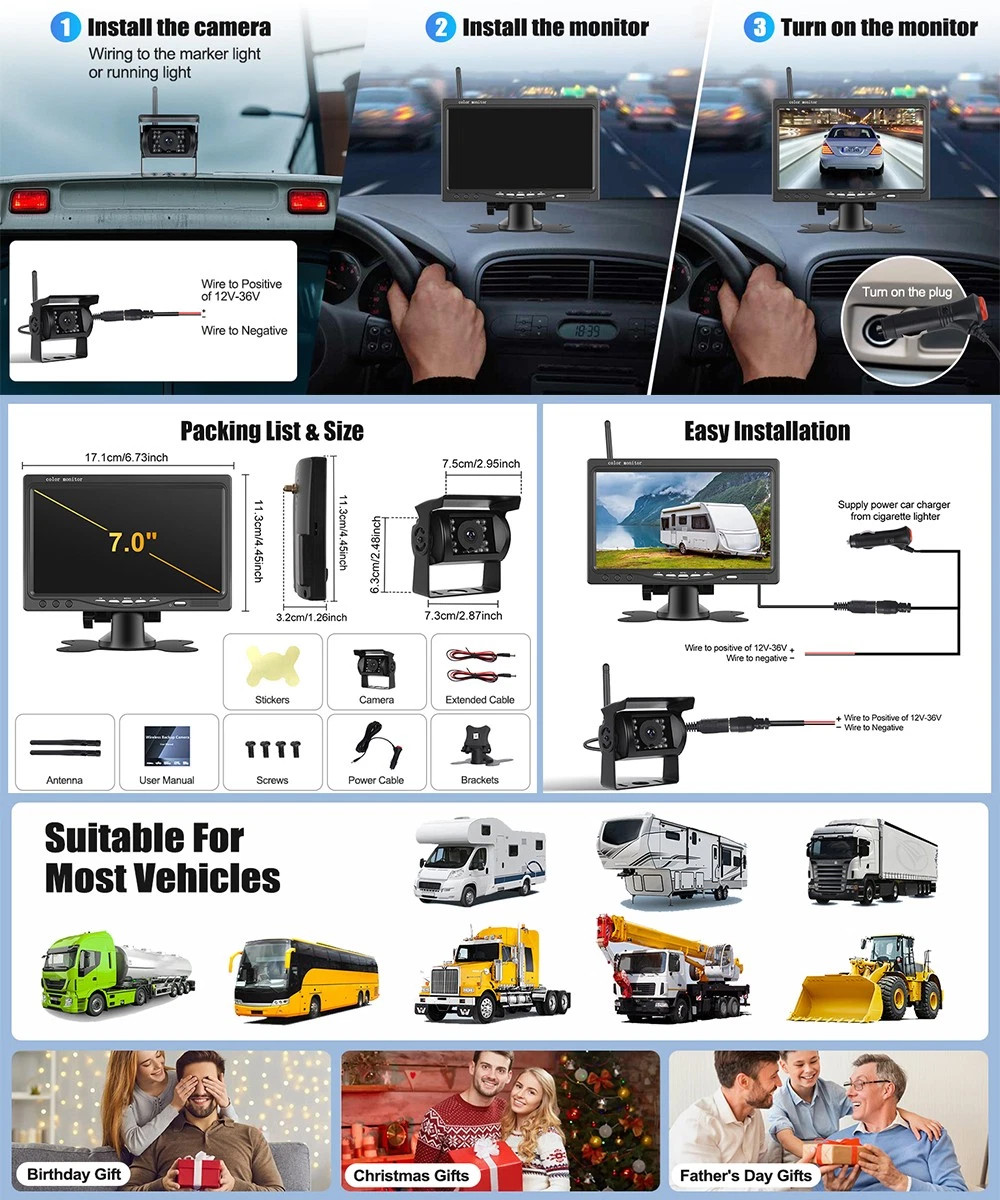 1080P WirelessBackup Camera 7" Quad Monitor for Truck Trailer RV
