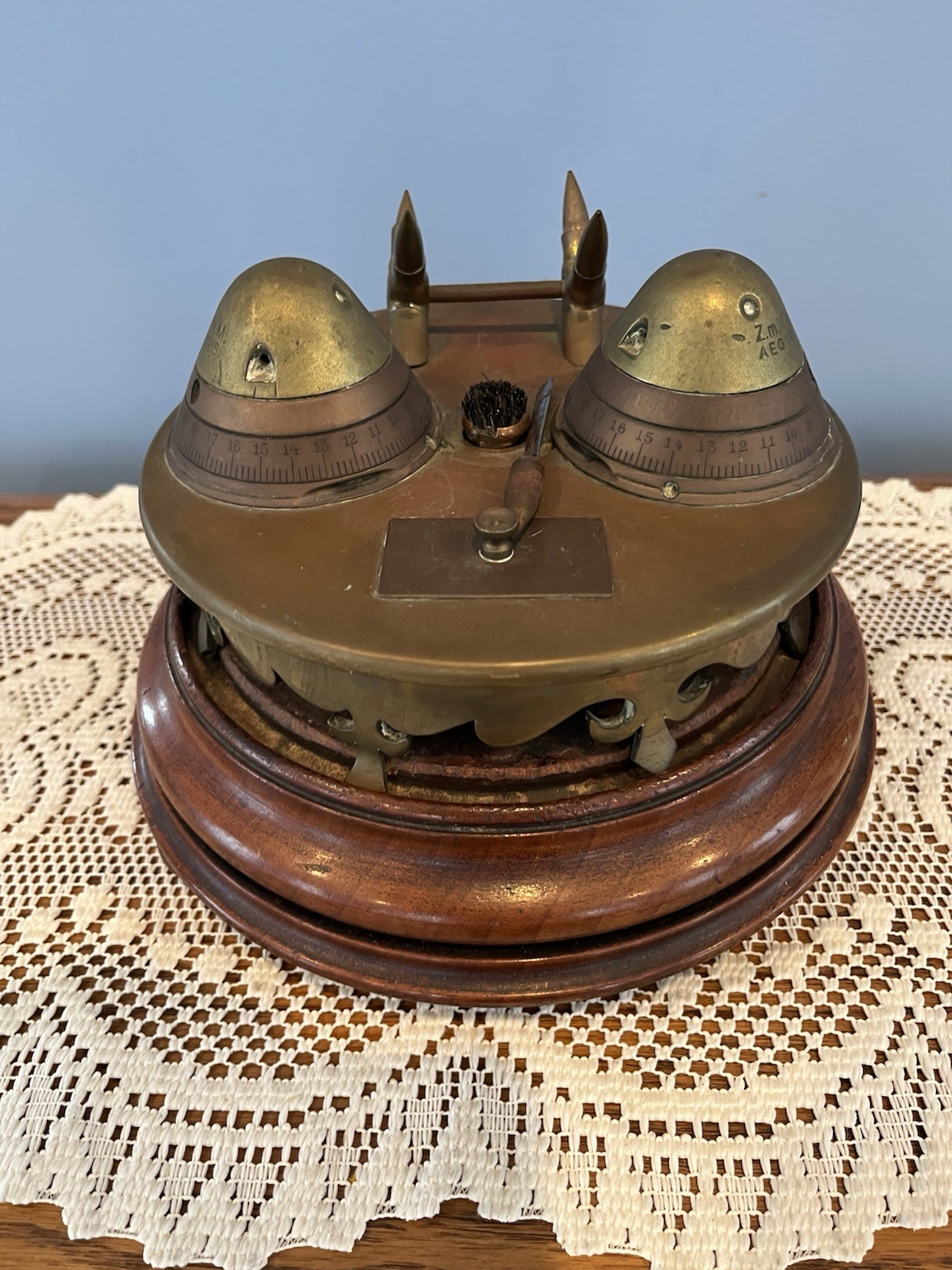 Antique WWI German Trench Art Desk Set Artillery Shell Fuse Ink Wells/Pen Holder