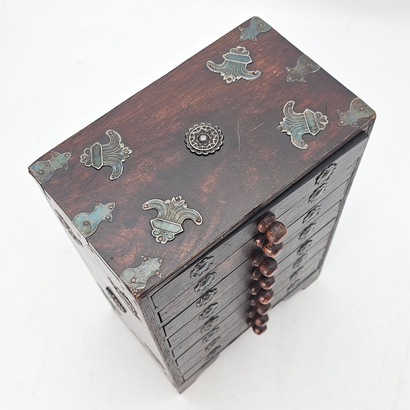 VTG Apothecary Drawer Cabinet 8 Drawer Indian Wood Spice Jewelry Chest (13")