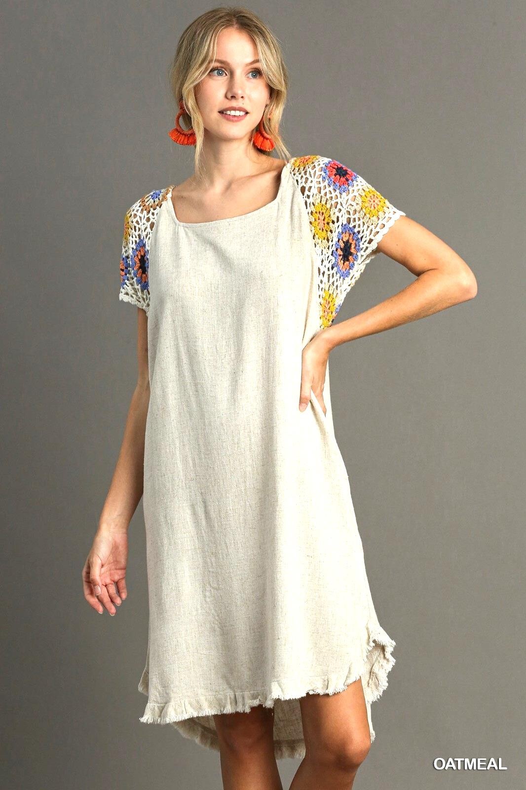 Umgee Oatmeal Linen Blend Short Crochet Sleeves  High low Fishtail  Hem Dress