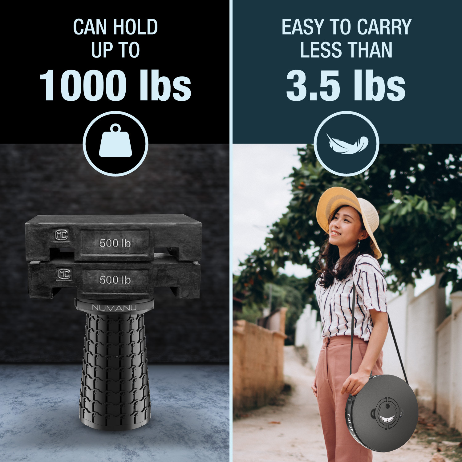 NUMANU 19.7" XXL Taller & Wider Collapsible Stool, Seat Cushion & Carry Bag