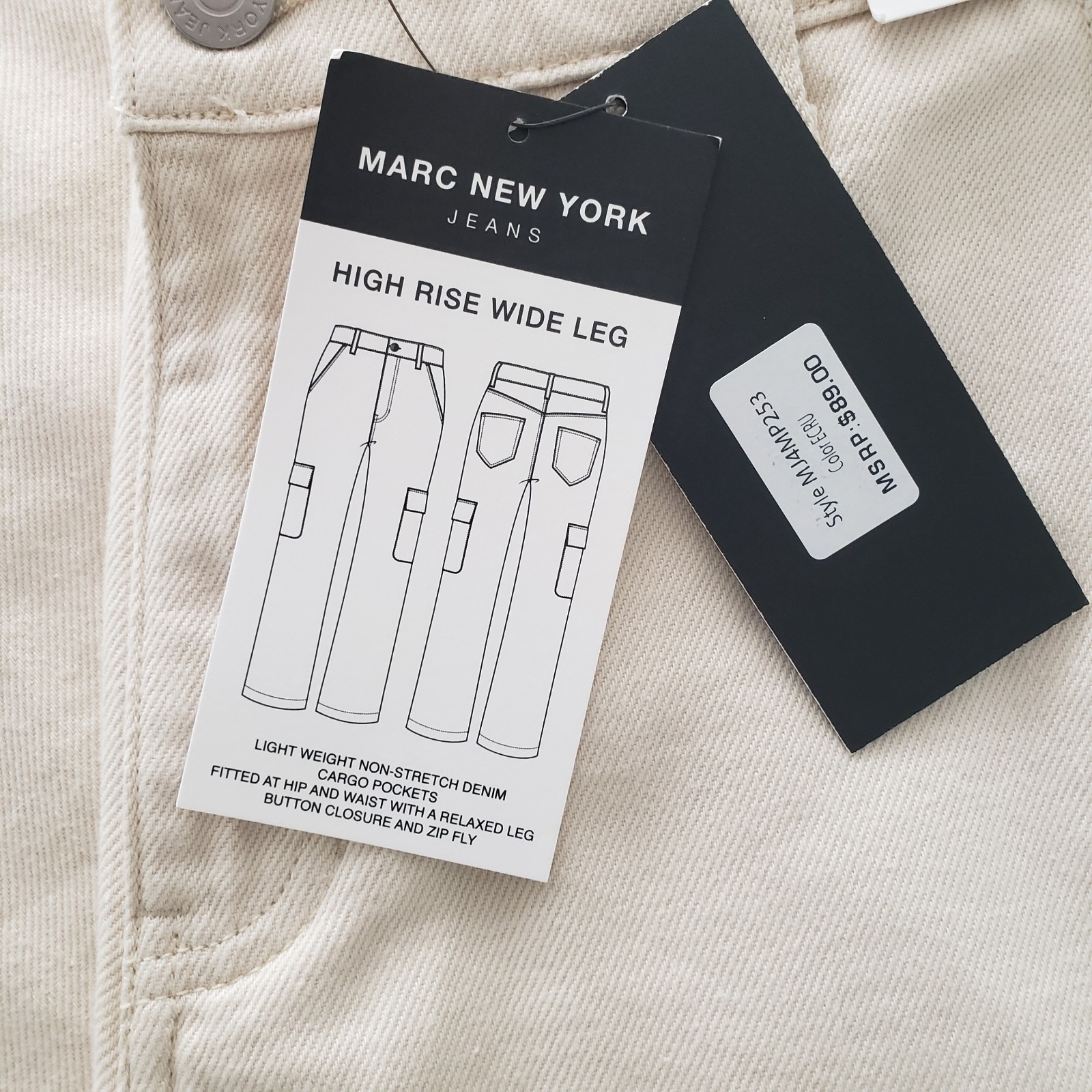 Marc New York Jeans Womens Size 4 Cargo Ecru Denim Cotton High Rise Wide Leg NWT