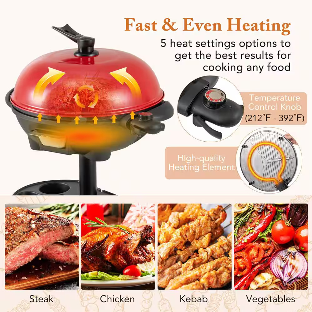 1350-Watt Electric Grill in Red with Non-Stick 4 Temperature Setting Outdoor Gar