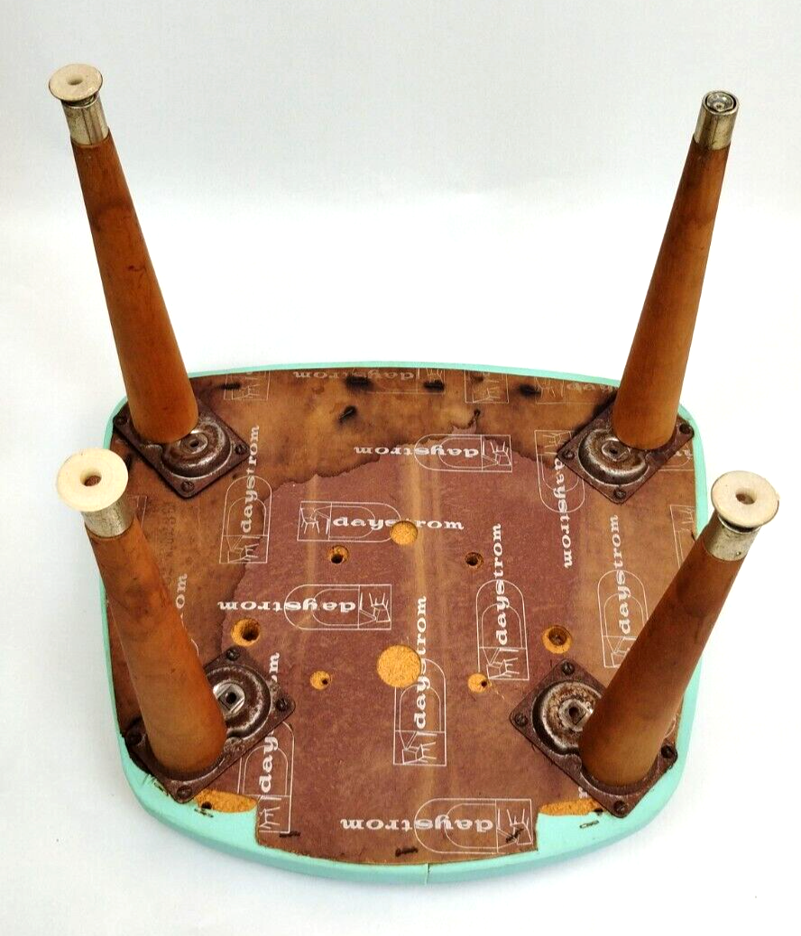 1963 Daystrom Atomic MCM Aqua Blue Vinyl Foot Stool 14" Tapered Peg Leg Gold Tip