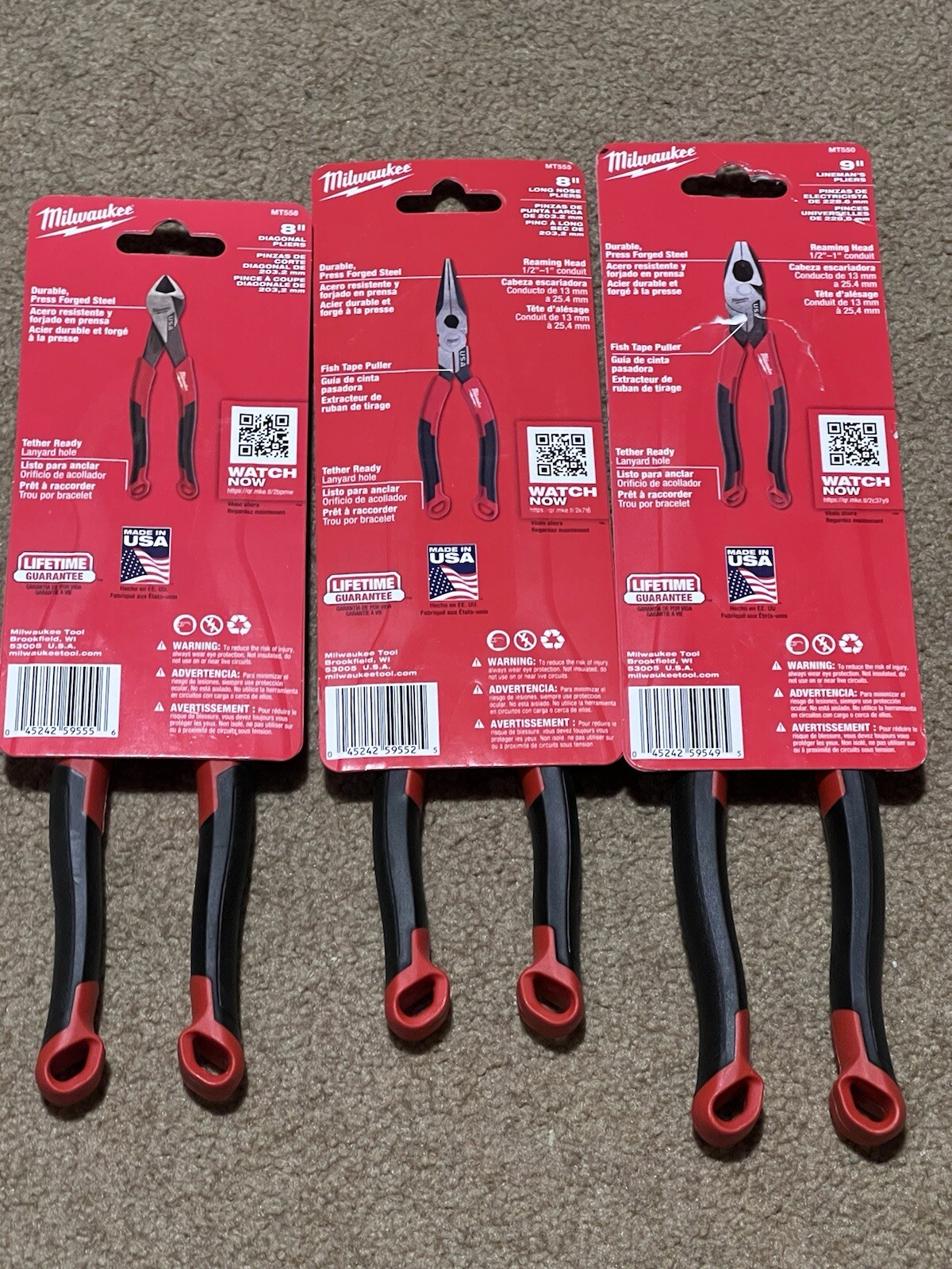 1 ea Milwaukee MT550 9" Lineman's Pliers ,MT555 8" Long Nose,& MT558 8" Diagonal