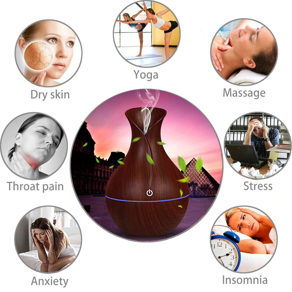 Essential Oil Diffuser Humidifier Aromatherapy Walnut Wood Grain Vase Aroma LED