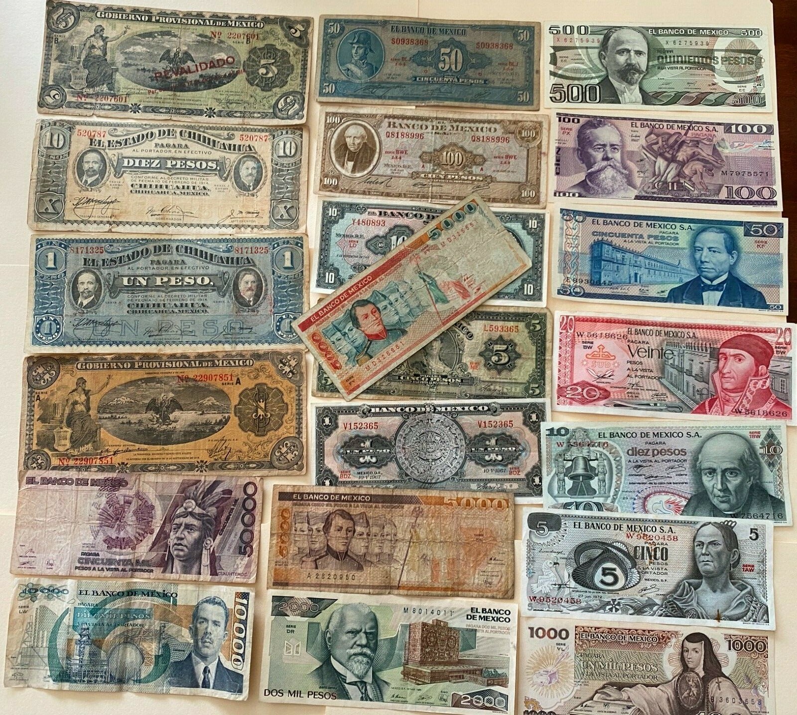 MEXICO SET 21 BANKNOTES LOT 70'S 1914 1 5 10 20 50 100 500 1000 pesos Collection