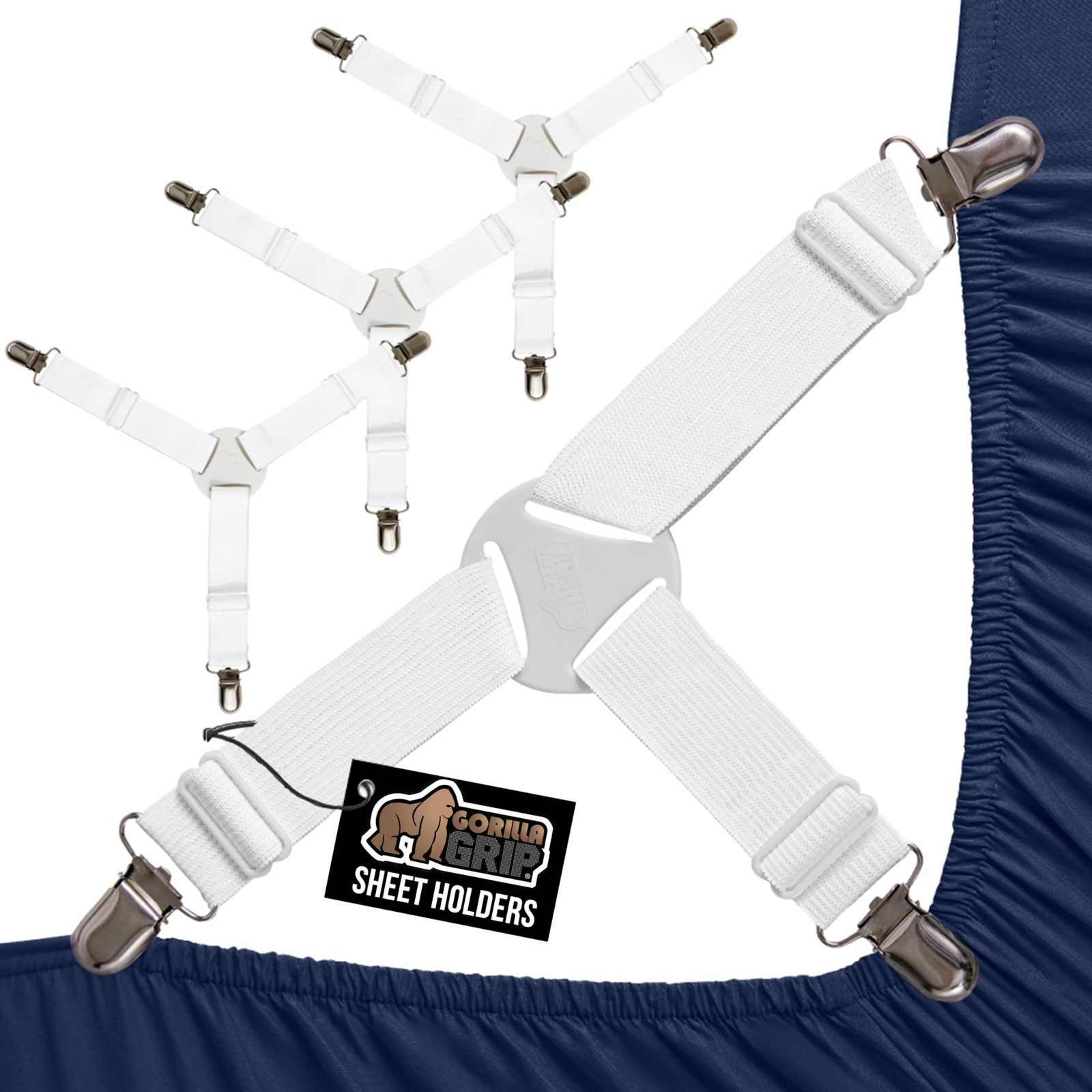 4 Pack GORILLA GRIP Patent Pending Bed Sheet Holders, Adjustable Elastic