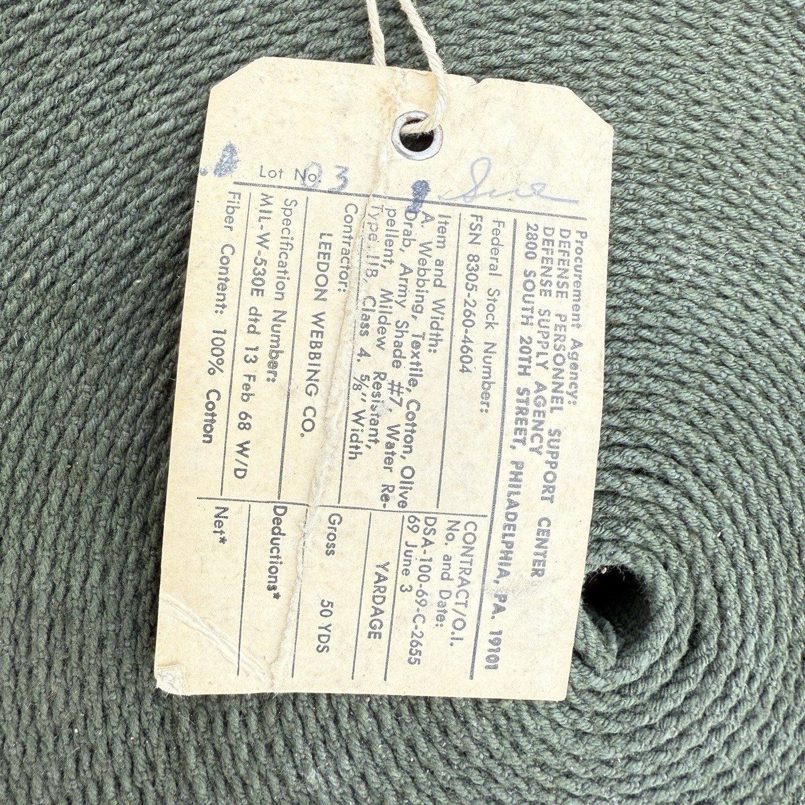 Vtg U.S. Military OD-7 Cotton Webbing 5/8 inch wide ~50 Yards Dated 1969. Tag