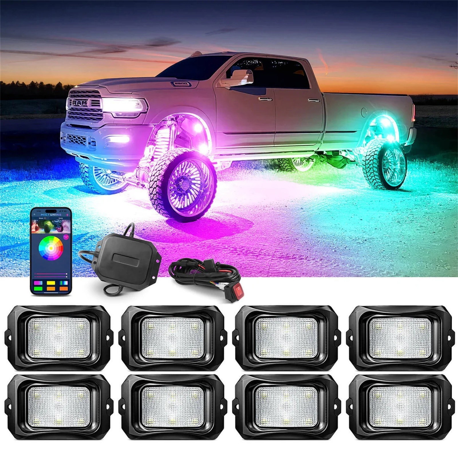 MICTUNING 8 Pods RGB+IC Chasing LED Rock Lights - Underglow Neon Light Kit Truck