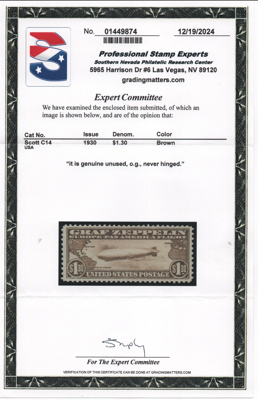 US Sc #C14 MNH F/VF Zeppelin Stamp PSE CERT