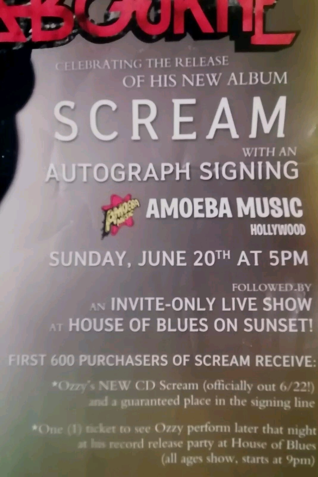 OZZY OSBOURNE IN STORE "SCREAM" CD (COVER ONLY) w/ POSTER back to the beginning