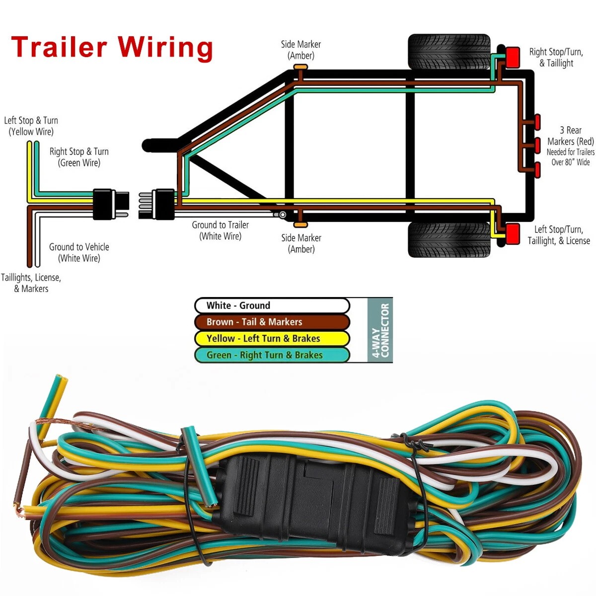 25' 4 Pin Flat Trailer Wiring Harness Kit Wishbone Style for Trailer Tail Lights