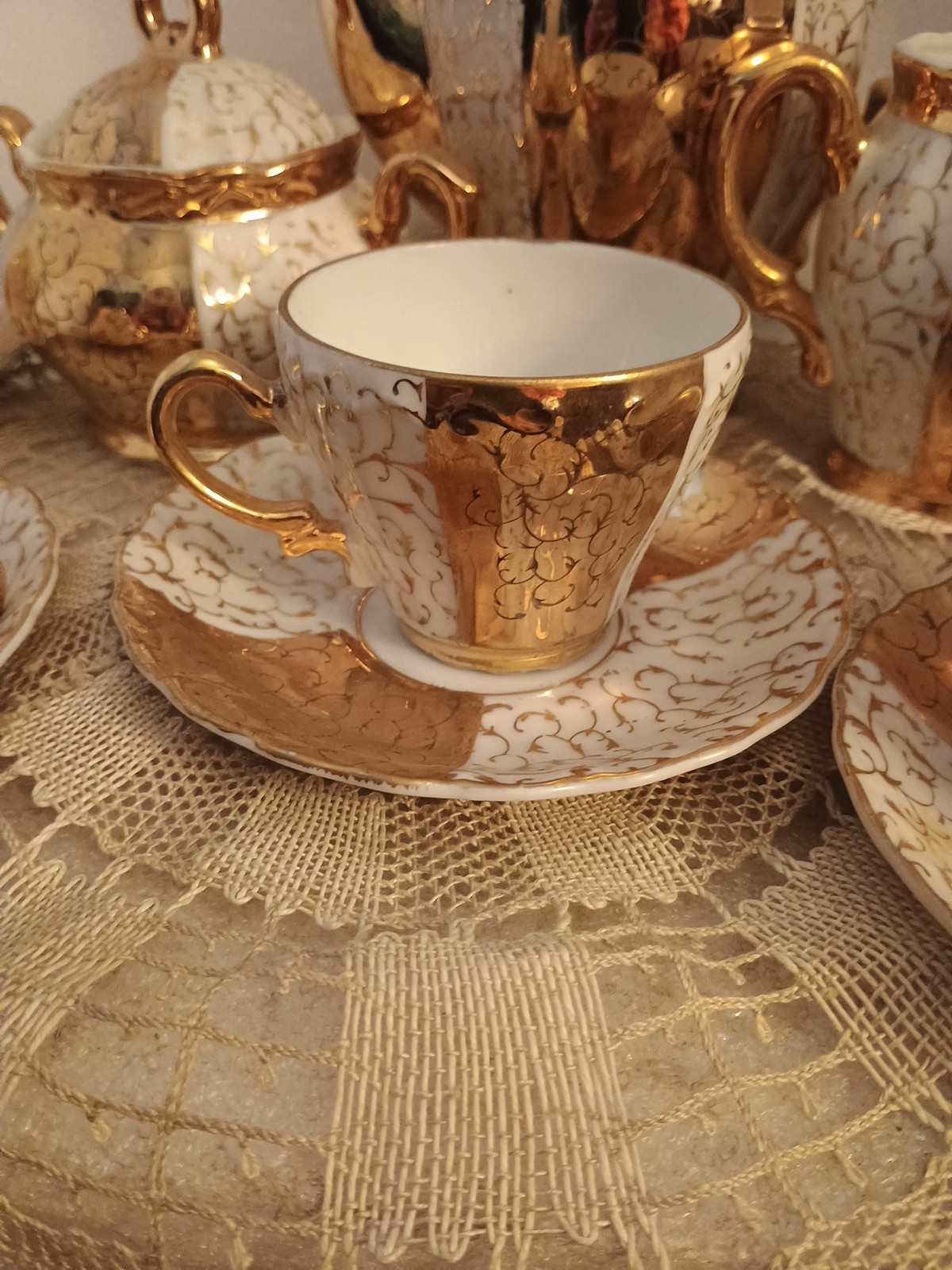 Antique Bavarian Gilded porcelain tea Set! Woldershof Pat 55! Good Condition