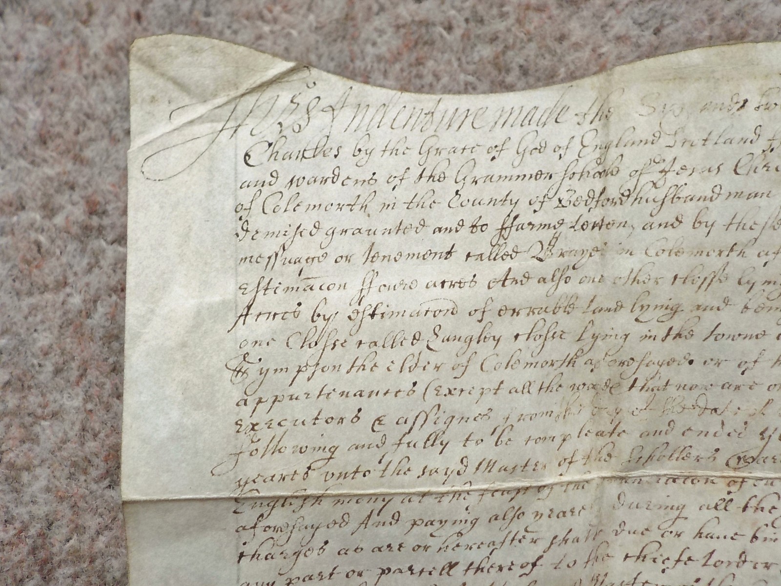 1648 Colmworth Bedfordshire Tideswell Grammar School land Vellum Deed Indenture