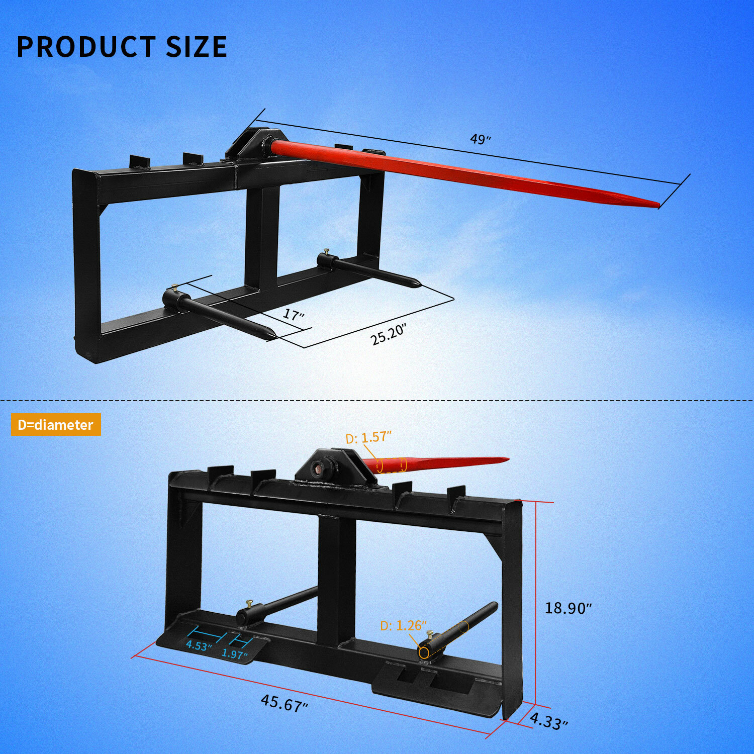49" Tractor Hay Spear Skid Steer Loader Quick Attach for Bobcat Tractor 3000 LBS
