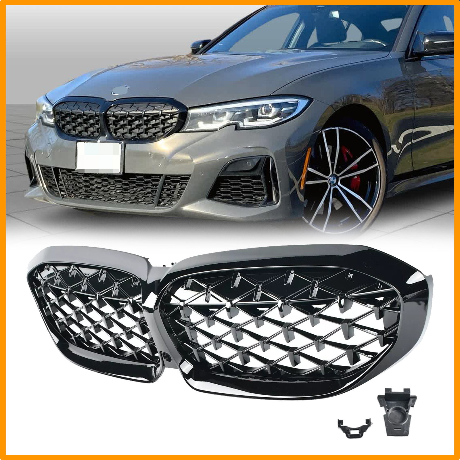 Glossy Black Front Kidney Diamond Grill Grille for 2019-2022 BMW G20 330i M340i
