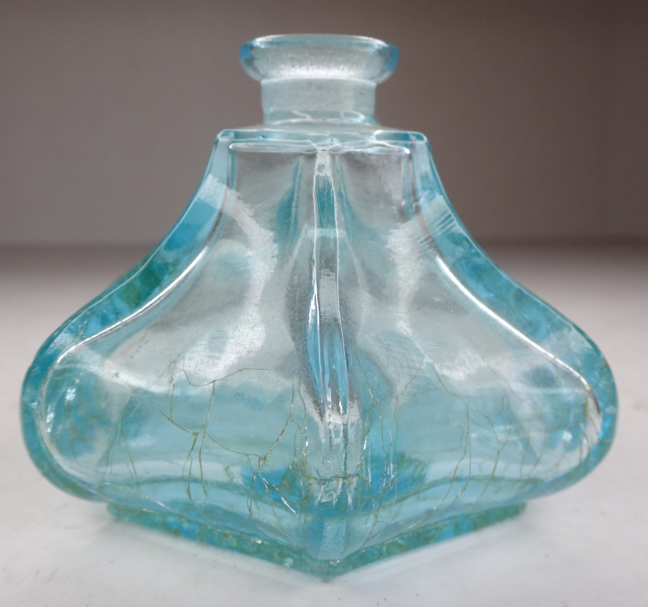 Antique Aqua Blue Green Inkwell Pressed Glass Bottle 6 Side UNUSUAL Shape
