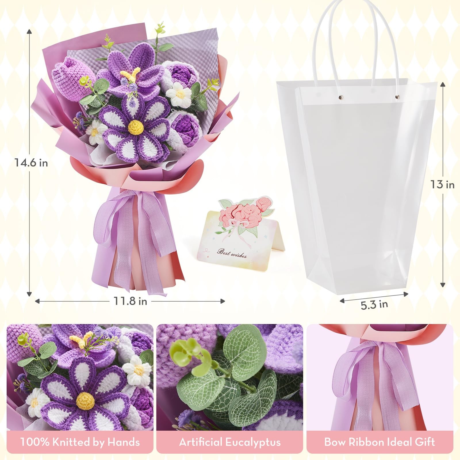 Alecono Crochet Flower Bouquet, Purple Knitted Flowers, Large,