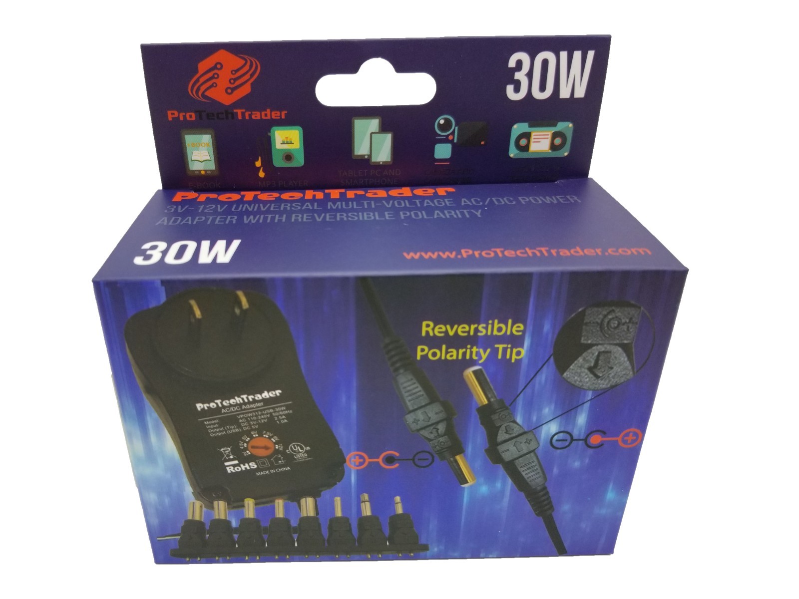 3v-12v AC/DC Universal Power Adapter 30W 2500ma Reversible Polarity USB 8 Tip