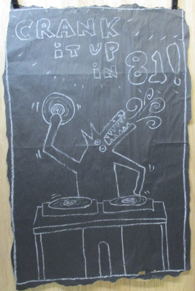 SUBWAY DRAWING chalk on black paper NYC wolfguy DJ Crank it up 81!  KEITH HARING