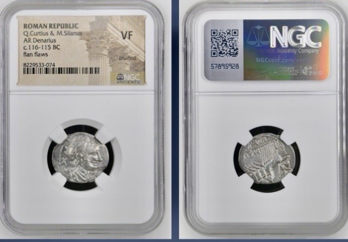 Silver Roman Republic Denarius 116BC-115BC NGC Graded VF Roma and Quadriga
