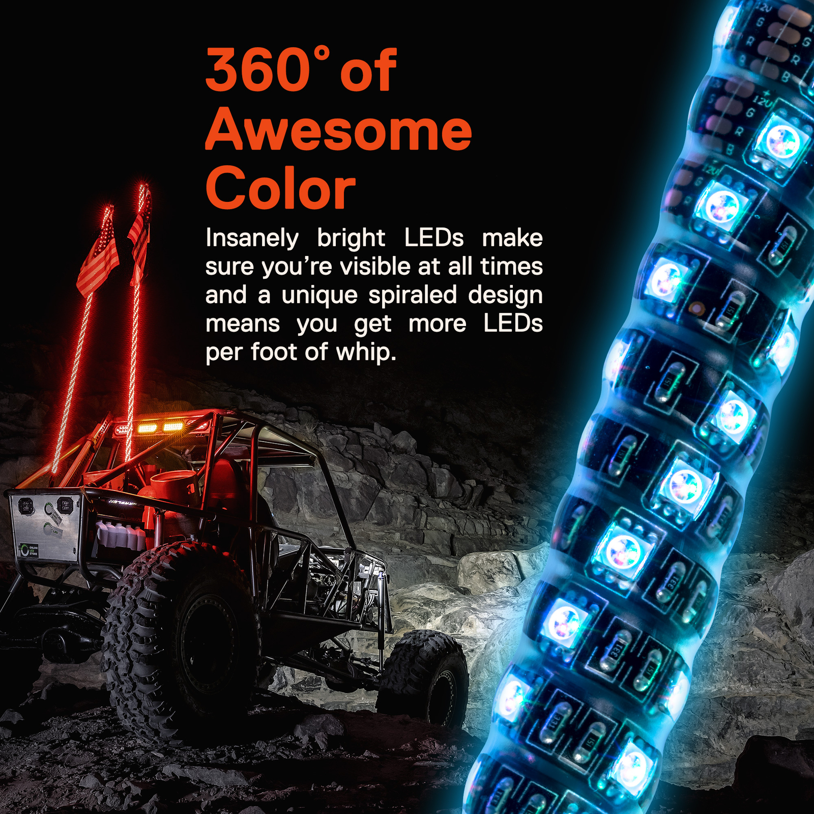 3ft RGB LED Spiral Whip Light Antenna with Flag & Remote for ATV UTV Polaris RZR