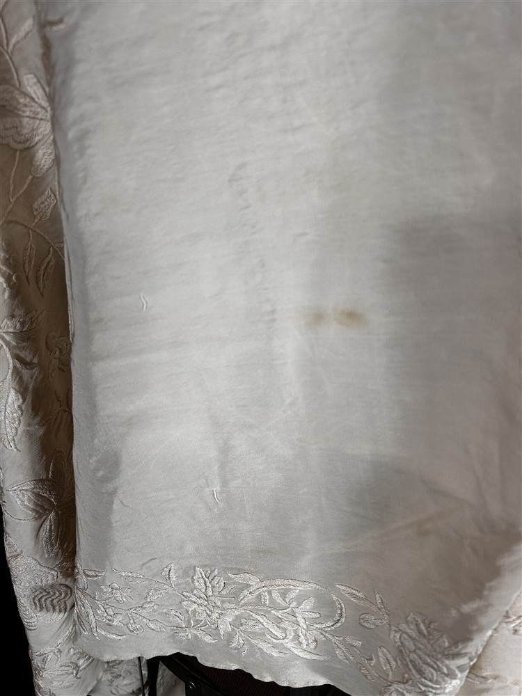antique silk shawl embroidered white large 26x90 fringe 16 in. original 1800