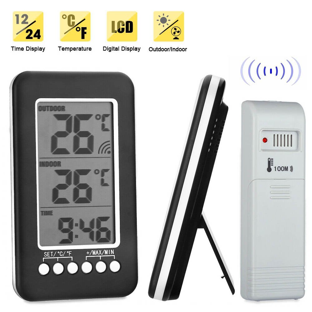 LCD Digital Indoor/Outdoor Thermometer Clock Wireless Temperature Meter Monitor