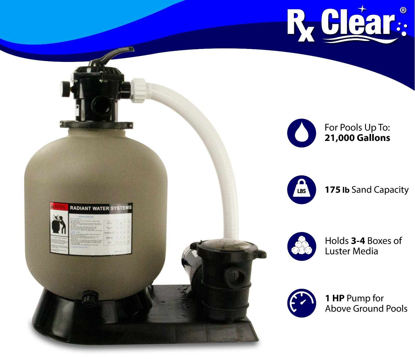 Rx Clear Radiant 19" Above Ground Swimming Pool Sand Filter System w/ 1 HP Pump
