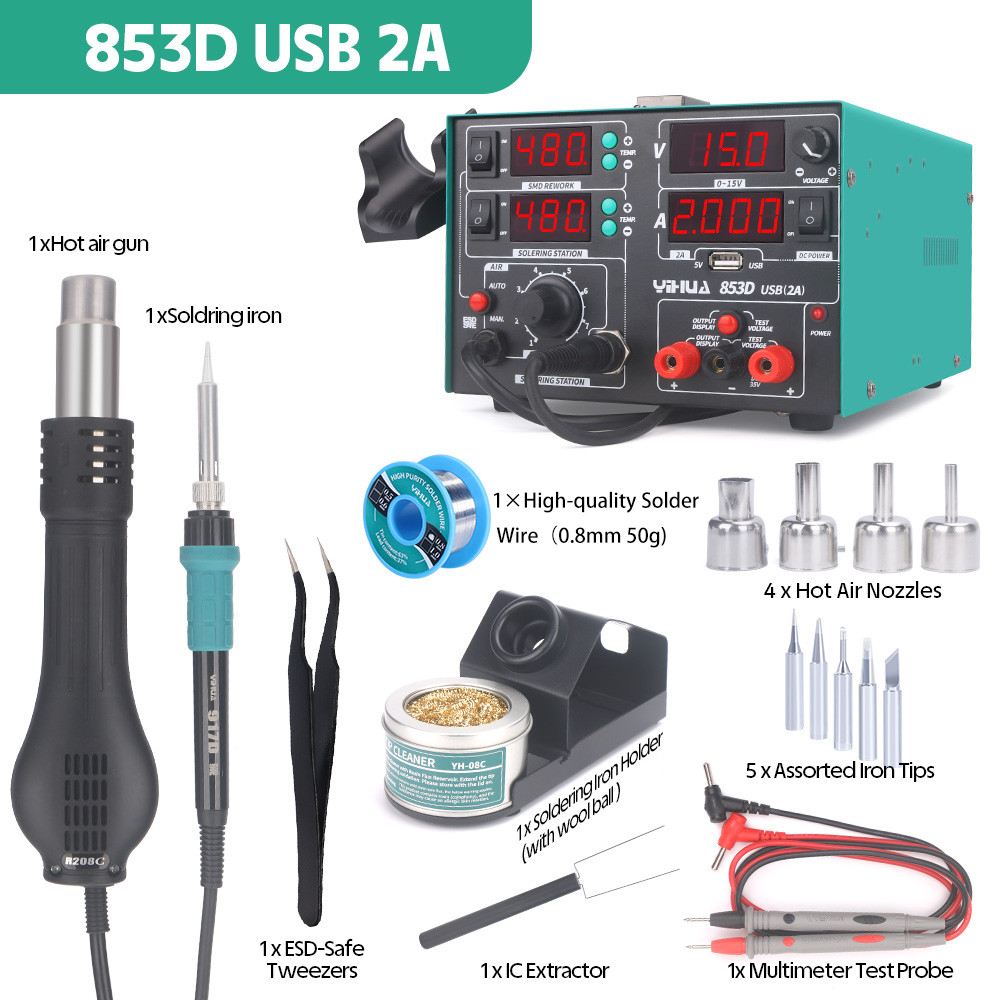 YIHUA 853D 800W 3-IN-1 Multi Station Iron Hot Air Gun 2A USB DC Power Supply