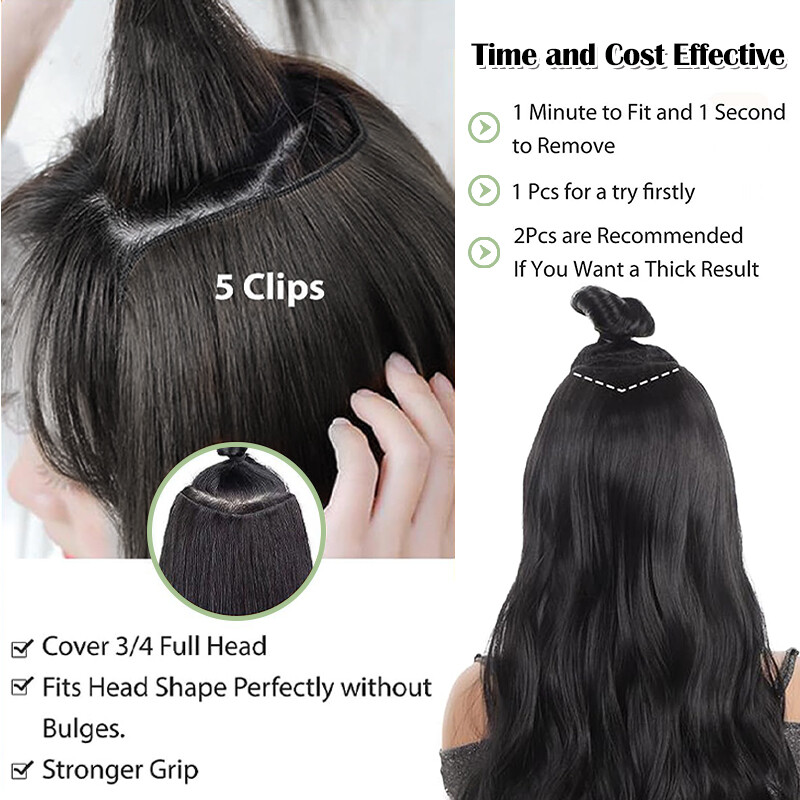 REAL Remy V-shaped Clip In 100% Human Hair Extensions One Piece 3/4 Full Head