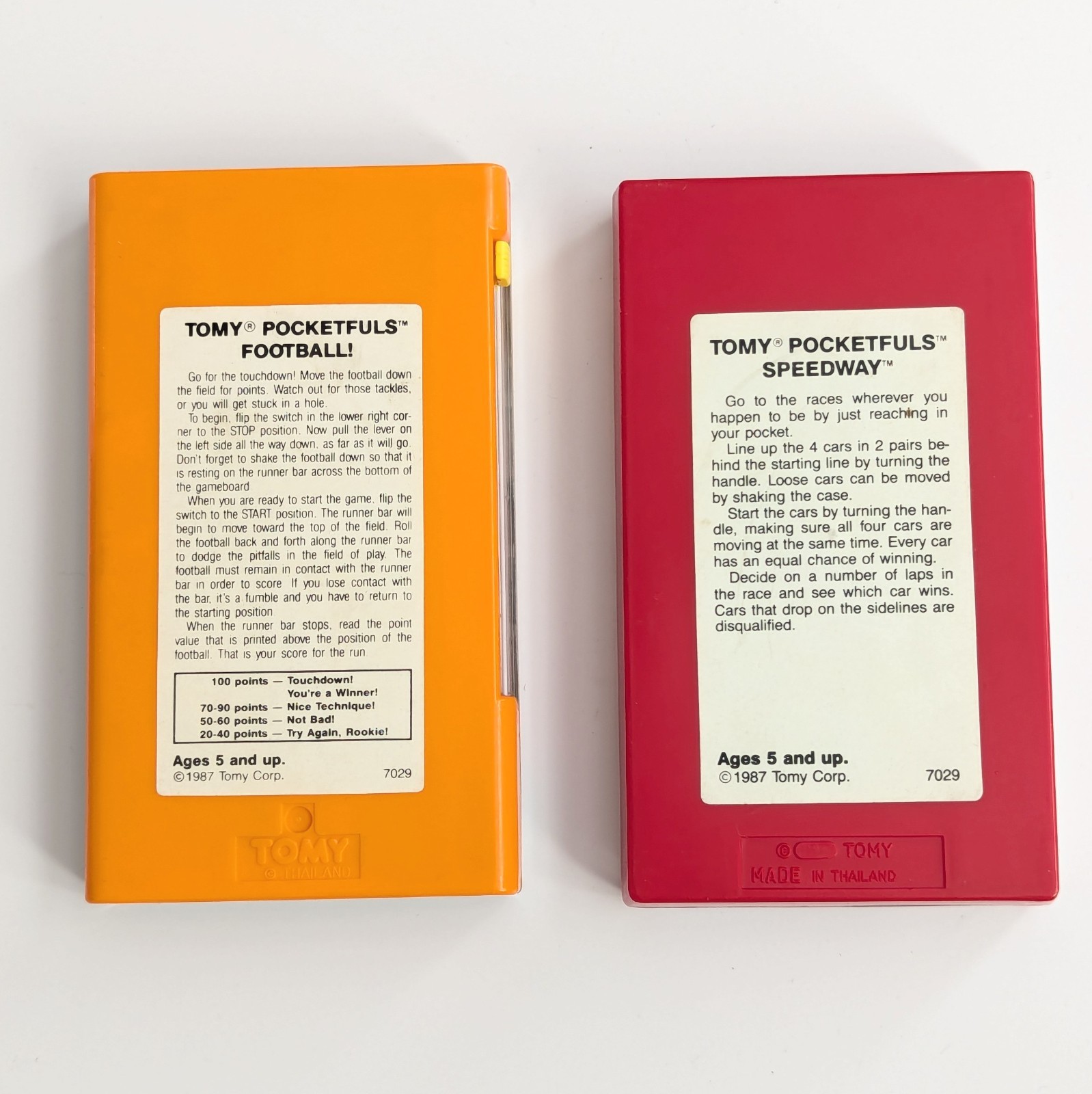 Vtg 1987 Tomy Pocketfuls Games Handheld Travel Speedway Car Racing & Football