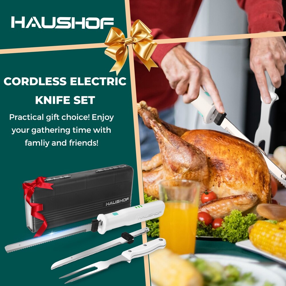 HAUSHOF Cordless Electric Knife 8V Rechargeable Meat Cutter Reciprocating Blades
