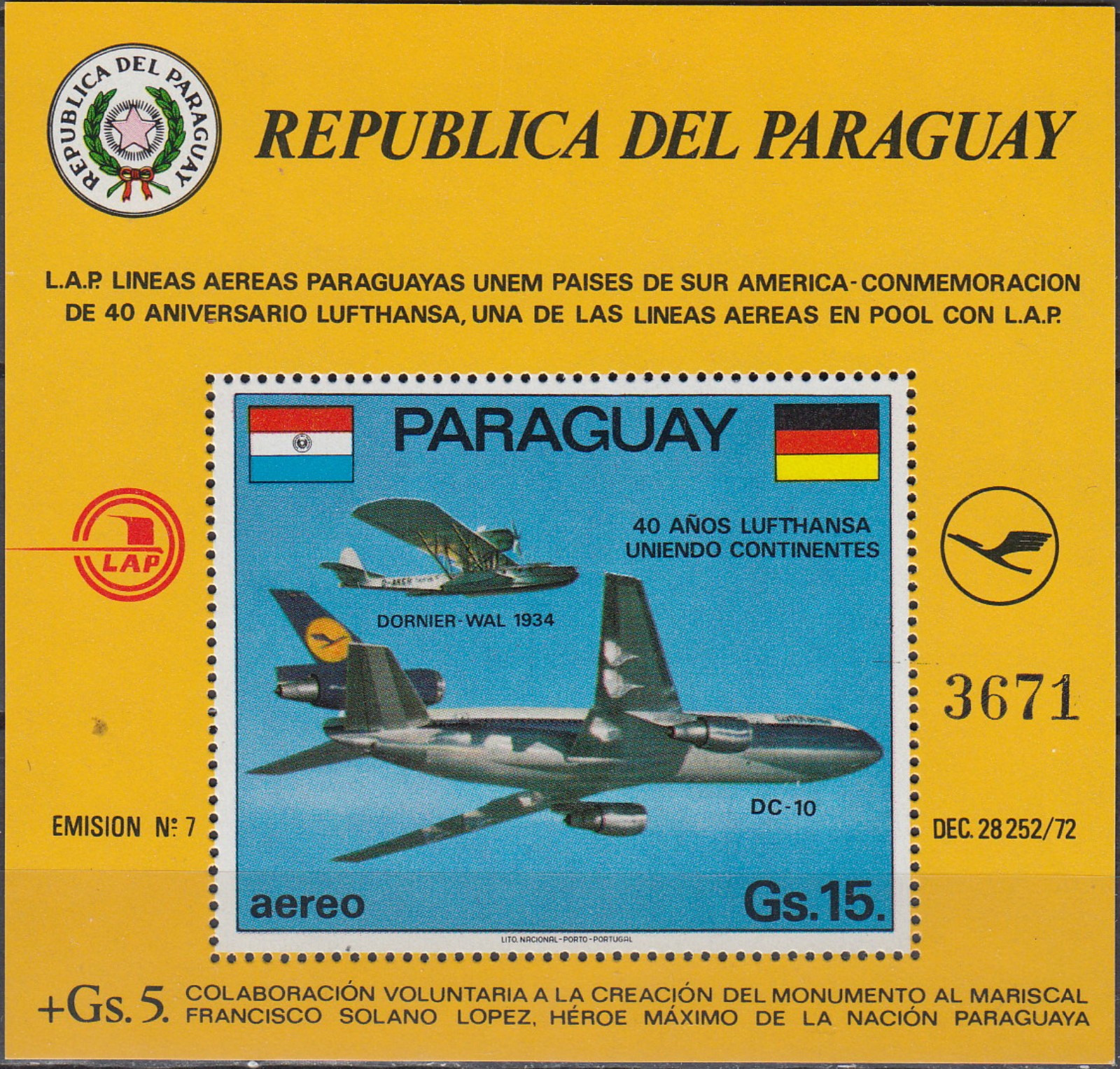Paraguay S/S 40th Ann Lufthansa 1974 MNH-25 Euro